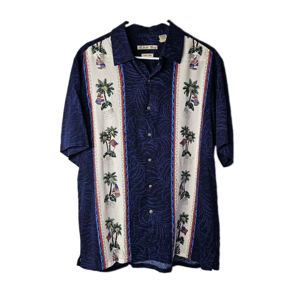 Batik‎ Bay Hawaiian Shirt Palm Trees Sail Boats USA Flag Button Up Men's Large